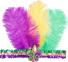 Mardi Gras Sequin Headband with Feathers, Mardi Gras Accessories, Green Purple and Yellow Feather Headband with Fleur-de-lis