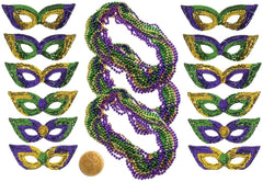 Mardi Gras Sequin Masks & Beads - 12 Face Masks, 36 Necklaces with Doubloon