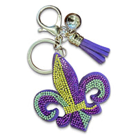 Mardi Gras Fleur-de-Lis Keychain - Purple, Green, and Gold Rhinestone Bag Clip - New Orleans Themed Purse Charm