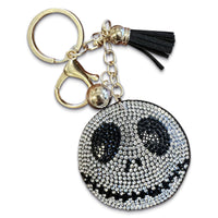 THE MARDI GRAS KREWE Rhinestone Round Skull Face Keychain, Purse Charm, and Bag Clip - Sparkling Silver Skull Accessory for Fans of Gothic and Halloween-Inspired Characters