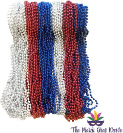 Red, Silver, Blue Mardi Gras Beads 33 inch 7mm, 6 Dozen, 72 Necklaces