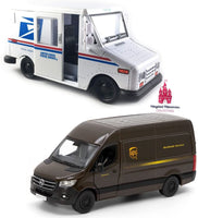 Diecast Toy Trucks Set of 2 | UPS Sprinter Van and Mail Truck | Pullback Truck Toys for Boys and Girls | Detailed Interior, Moveable, Openable Door