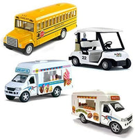 Magical Memories Collection Diecast Toy Trucks Set of 4 | Ice Cream Truck, Food Truck, School Bus, Golf Cart | Pullback Truck Toys for Boys and Girls and Detailed Interior