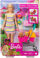 Barbie Stroll ‘n Play Pups Playset with Blonde Barbie Doll (11.5-Inch), 2 Puppies, Pet Stroller and Accessories, Gift for 3 to 7 Year Olds