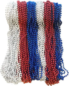 Red, Silver, Blue Mardi Gras Beads 33 inch 7mm, 6 Dozen, 72 Necklaces