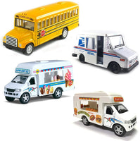 Magical Memories Collection Diecast Toy Trucks Set of 4 | Ice Cream Truck, Food Truck, School Bus, Mail Truck | Pullback Truck Toys for Boys and Girls and Detailed Interior