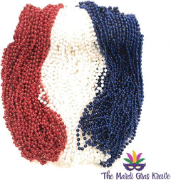 Red, White, Blue Mardi Gras Beads 33 inch 7mm, 6 Dozen, 72 Necklaces