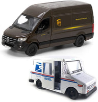 📦 UPS Mercedes-Benz Sprinter + 📬 United States Postal Mail Truck Grumman LLV 5 Inch Die Cast Metal Model Toys SetOf2